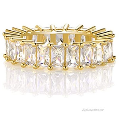 XBRN 14K Gold Plated Ring Cubic Zirconia Emerald Cut Eternity Ring Band for Women Men