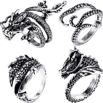 4 Pieces Vintage Punk Rings Octopus Dragon Adjustable Stainless Steel Ring (Dragon Body  Octopus  Dragon Claw  Dragon Head)