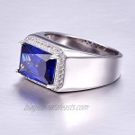 BONLAVIE Men's Halo Engagement Rings 7.0ct Radiant Cut Created Blue Sapphire Solid 925 Sterling Silver Eternity Wedding Band Size 5-14