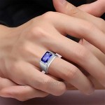 BONLAVIE Men's Halo Engagement Rings 7.0ct Radiant Cut Created Blue Sapphire Solid 925 Sterling Silver Eternity Wedding Band Size 5-14