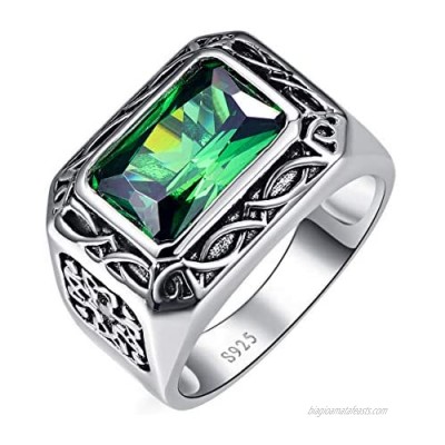 BONLAVIE Silver Rings for Men 6.85ct 8X12mm Radiant Cut Created Emerald 925 Sterling Silver Wedding Engagement Band Size 6-14