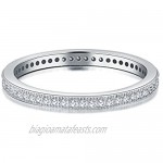 BORUO 2MM 925 Sterling Silver Ring Cubic Zirconia CZ Eternity Wedding Band Stackable Ring Size 4-12