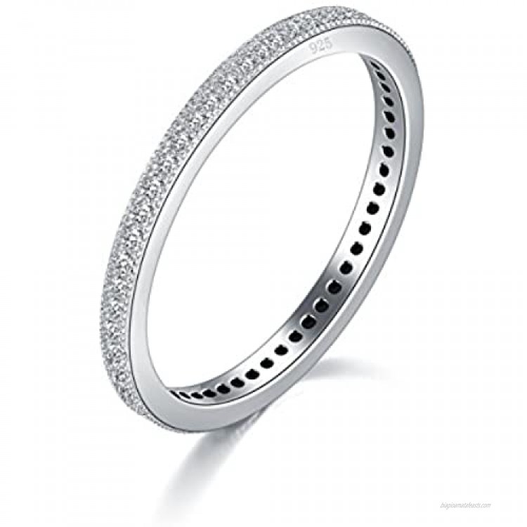 BORUO 2MM 925 Sterling Silver Ring Cubic Zirconia CZ Eternity Wedding Band Stackable Ring Size 4-12