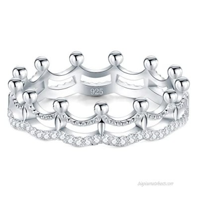BORUO 925 Sterling Silver Ring  Cubic Zirconia Princess Crown Tiara Wedding Cz Band Eternity Ring Size 4-12