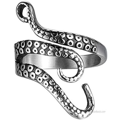 COONLINE Vintage Stainless Steel Octopus Ring for Women Men Adjustable Polished Tentacles Retro Gothic Punk Style Jewelry Silver Black with Velvet Bag