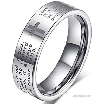Fashion Month Men Women 6mm Tungsten Carbide White Ring Engraved English Bible Verses About Love Cross Band for Her Him