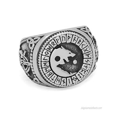 GuoShuang Nordic Viking Wolf Geri and Freki Rune Amulet Stainless Steel Ring with Valknut Rune Gift Bag