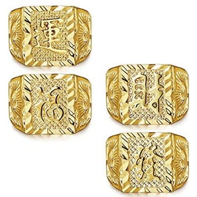 LOLIAS 4 Pcs Men's Gold Plated Ring Wedding Ring Kanji Ring Rich/Luck/Wealth Ring Set Adjustable