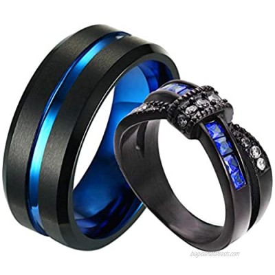 ringheart Two Rings Couple Rings Black and Blue Plated Titanium Steel 8mm Mens Wedding Band Blue Cz Womens Wedding Ring