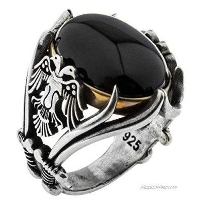Solid 925 Sterling Silver Onyx Stone Turkish Handmade Luxury Eagle Men's Ring