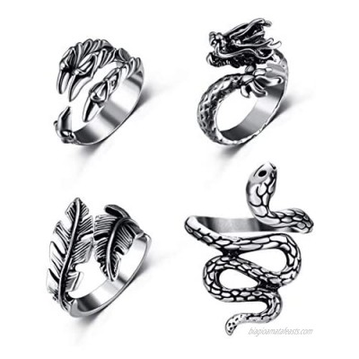 Thunaraz 4 Pcs Vintage Punk Rings for Men Dragon Claw Cobra Snake Rings Adjustable Open Gothic Cool Leaf Rings Set