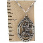 Antiqued Oval Saint Christopher Necklace in Solid Sterling Silver Protect Us Cut Out Medal 29.00x20.00 MM