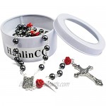 Hedi 6mm Hematite Beads with 8mm Coral Rose Glory Beads Catholic Rosary Pack in Velvet Bag