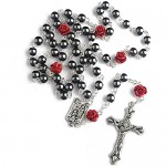 Hedi 6mm Hematite Beads with 8mm Coral Rose Glory Beads Catholic Rosary Pack in Velvet Bag