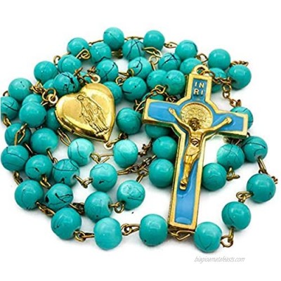 Nazareth Store Turquoise Saint Benedict Rosary Beads Necklace Catholic Chaplet Miraculous Locket Medal & Cross Religious Amulet for Women and Men - Velvet Bag
