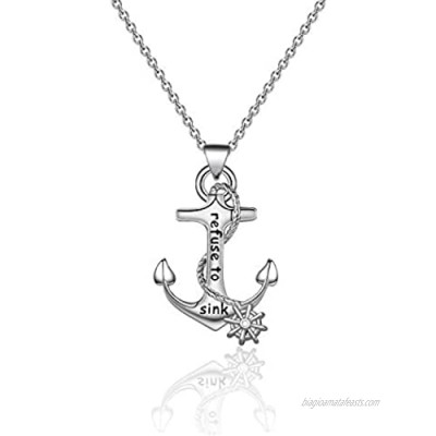 SEIRAA Anchor Pendant Necklace Refuse to Sink Necklace Sailor Gift Nautical Jewelry Inspirational Gift for Boyfriend Girlfriend