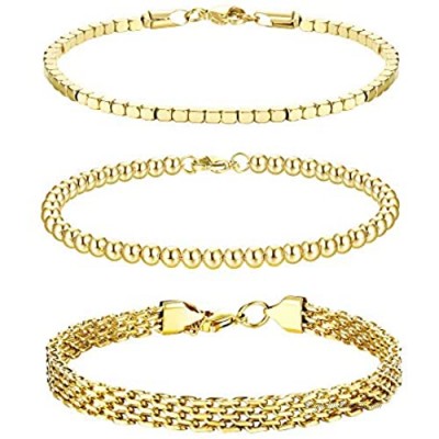 CASSIECA 3PCS Stainless Steel Chain Bracelets Set for Women Men Cuban Cube Bead Chain Bracelet Beaded Link Chain Bracelet Cable Bracelets Jewelry Gifts  Gold Silver Tone