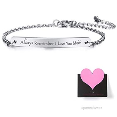 Cupimatch “Always Remember I Love You Mom” Engraved Nameplate Bracelet  Silver Adjustable Stainless Steel Wrist Link with Greeting Message Card Gift Bag