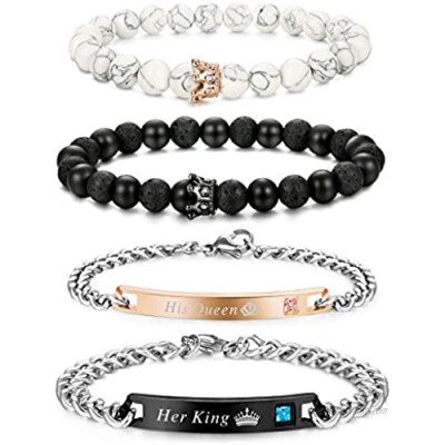 FIBO STEEL 4 Pcs Couples Bracelet for Men Women His & Her Crown Queen Bracelets Set 8mm Beads Bracelets