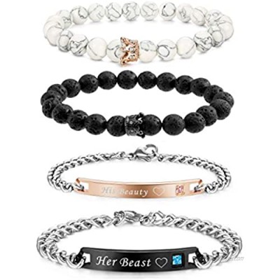 FIBO STEEL 4 Pcs Couples Bracelet for Men Women His & Her Stainless Steel Chain Crown Queen 8mm Beads Bracelets ?- (C:4 pcs a Set)