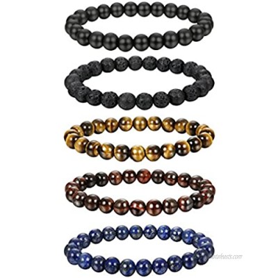 FIBO STEEL 5-6 Pcs 8MM Natural Healing Stone Bracelets for Men Women Beaded Bracelets Elastic