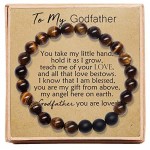 Gifts for Godfather 8mm Natural Tiger Eye Stone Beads Bracelet Elastic Adjustable Yoga Bracelet Bangle with Message Card & Gift Box - The Godfather Gifts for Men Birthday Gifts