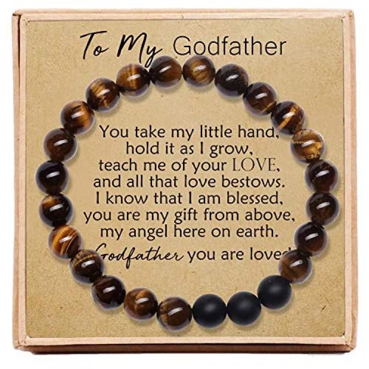 Gifts for Godfather 8mm Natural Tiger Eye Stone Beads Bracelet Elastic Adjustable Yoga Bracelet Bangle with Message Card & Gift Box - The Godfather Gifts for Men Birthday Gifts