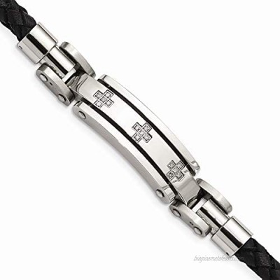 ICE CARATS Stainless Steel Black Leather Diamond Crosses 8.25in Bracelet 8.25 Inch Men Fashion Jewelry for Dad Mens Gifts for Him
