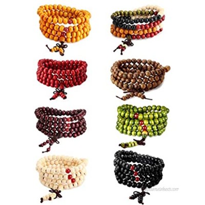 LOYALLOOK Wood Bracelet 108 Mala Bead Bracelets Wood Prayer Beads Sandalwood Link Wrist Necklace Chain for Men Women Chinese Knot 8pcs