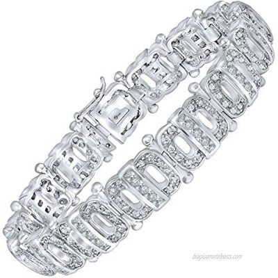 Men's Elegant Sterling Silver .925 Bracelet with 238 Channel-Set Simulated Diamond Princess-Cut Cubic Zirconia (CZ) Stones  Secure Box Lock  Platinum Plated. Available in sizes 8" 9"
