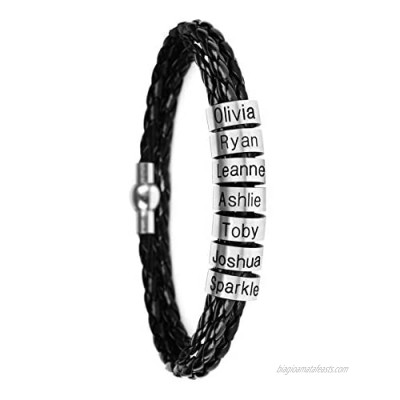 SOULSIS Mens Custom Bracelet Personalized Black Braid Leather Bracelets with 1-7 Names Engraved in Custom Beads Custom ID Bracelet for Men