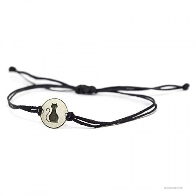 Stainless Steel Cat Lover Charm on Double Black String Bracelet for Men & Women - Cat Mom Gift Pet Bracelet Cat Lover Gifts for Women - Waterproof Hypoallergenic Cat Jewelry