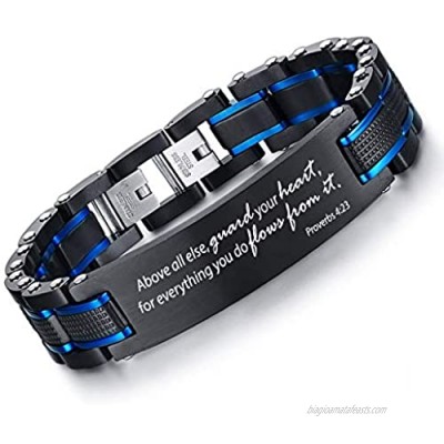 VNOX Personalized Religious Jewelry-Inspirational Christian Faith Bible Verse Quote Elegant Stainless Steel Two-Tone Blue&Black Link Bracelet Encouragement Gift for Men Boys Dad Son