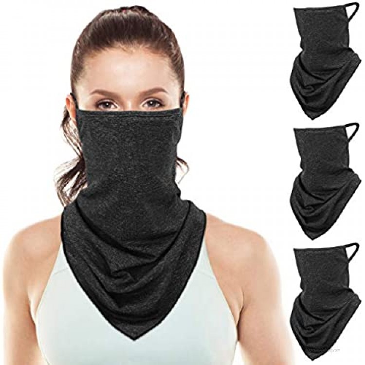 Rhino Valley Face Bandana with Ear Loops and Pocket 3-Pack Support Safety Filter Cloth Scarf Triangle Face Cover Outdoor Sport Sun Protection Neck Gaiter Balaclava for Women Men