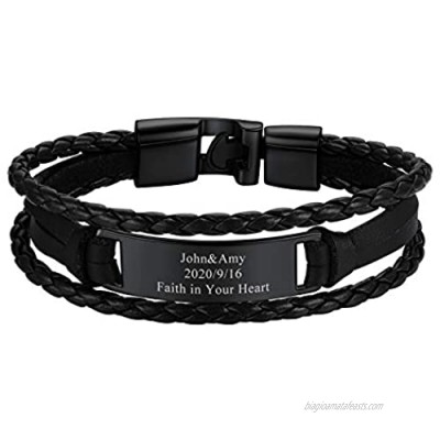 FOCALOOK Mens Womens Customized ID Leather Bracelets Custom Engraved Waterproof Braided Rope Logo Identification Stainless Steel Bar  Length 20CM