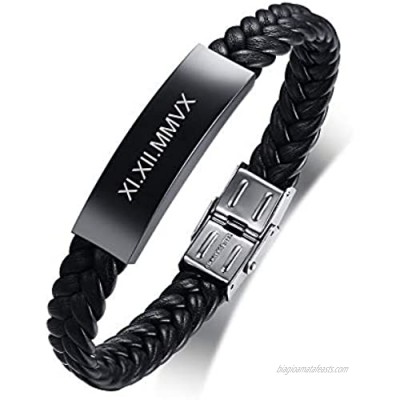 MEALGUET 1 to 3 pcs Personalized Custom Engrave Name Any Message Stainless Steel Braided Leather Wristband ID Bracelet for Men