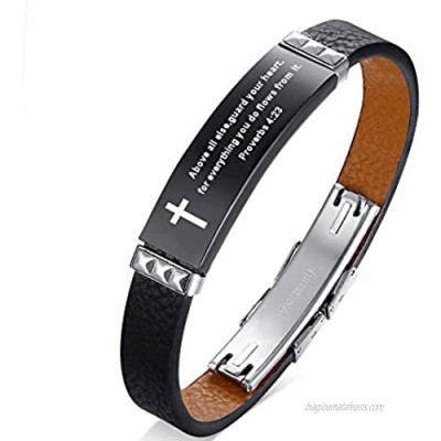 Simple Religous Scripture Quote Faith Christian Bible Verse Inspirational Cross Leather Wristband Bracelet for Women Men