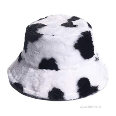 PURFANREE Women's Milk Cow Print Faux Fur Bucket Hat Fluffy Winter Warmer Fisherman Cap