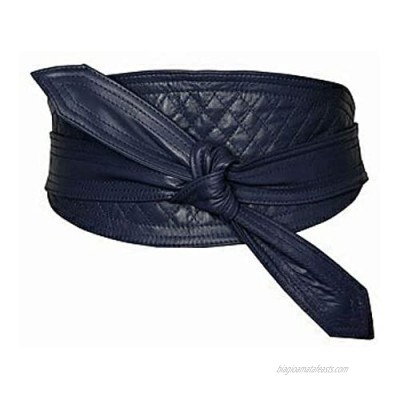 Woman's Navy Blue Genuine Leather Obi Sash Wrap Tie Plus Size Corset Waist Cincher Wide biker Quilted Leather Belt