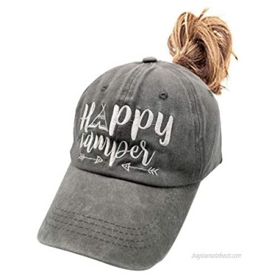 LOKIDVE Women's Happy Camper Ponytail Hat Messy High Bun Distressed Baseball Cap