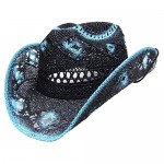 Modestone Women's Straw Cowboy Hat Black Turquoise