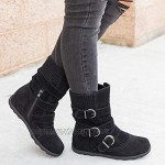 Whankun Women's Slouchy Mid Calf Boots Buckle Sweater Knit Flat Heel Calf Boots Side Zipper Faux Suede Booties