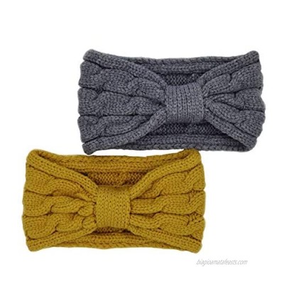 2 Pack Double-Layer Knitted Head Bands Ear Warmers Warm Head Wraps for Women Girls (yellow  grey)