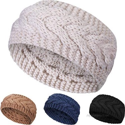 4 Piece Womens Winter Warm Fuzzy Lined Headband Knit Head Thick Cable Wrap Ear Warmer Headband (Navy Blue  Beige  Light Gray  Black)