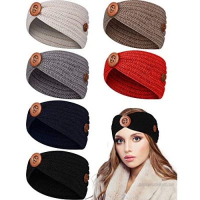 6 Pieces Knit Headbands with Buttons Winter Warm Turban Hair Bands Elastic Ear Warmer Headbands Stretchy Head Wraps for Women Girls
