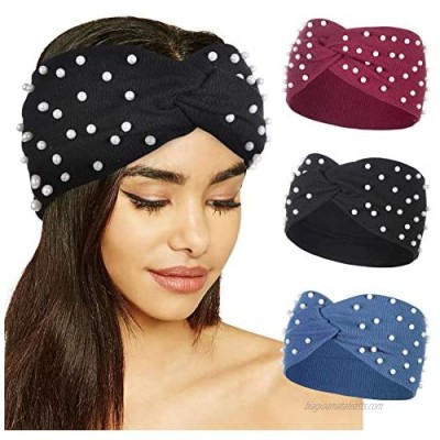 HAIMEIKANG Winter Headband for Women - 3 Pieces Knitted Ear Warmer Headband Crochet Pearl Knot Head Wraps for Girls