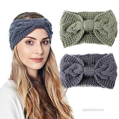 Haloty 2PCS Boho Winter Knit Classic Cable Bow Knotted Headbands Winter Ear Warmers Elastic Soft Turban Head Wraps Crochet Hair Band Knitted Cross Hair Accessories for Women and Girls(Knot-04)