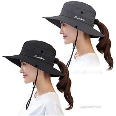 2 Pieces Women's Ponytail Sun Hat UV Protection Foldable Wide Brim Beach Fishing Hats
