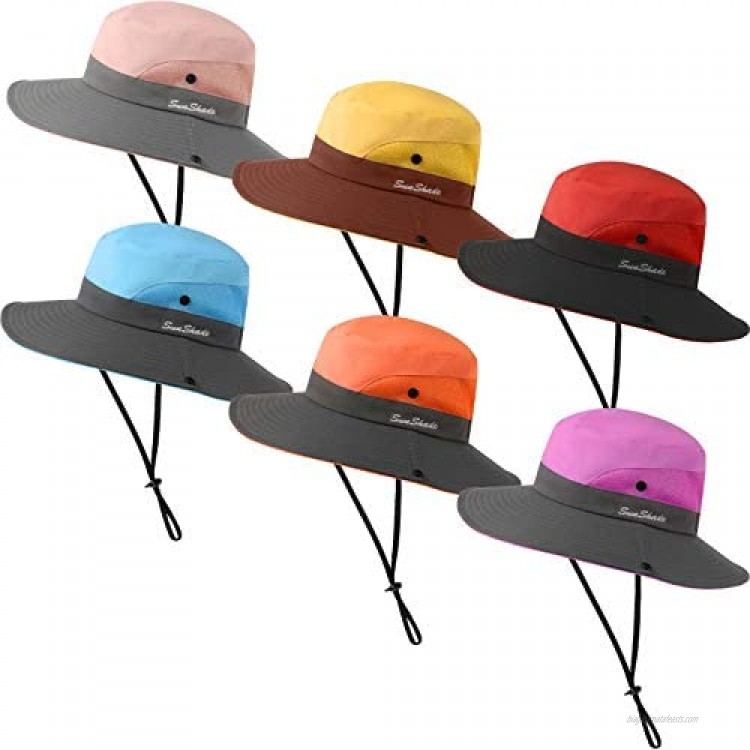 6 Pieces Women Outdoor Summer Sun Hats with Ponytail Hole UV Protection Sun Hat Packable Wide Brim Beach Cap for Climbing Fishing Hiking