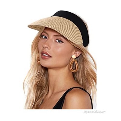 boderier Straw Sun Visor Hats for Women Wide Brim UV Protection Summer Running Beach Travel Packable Straw Hat Visor Caps